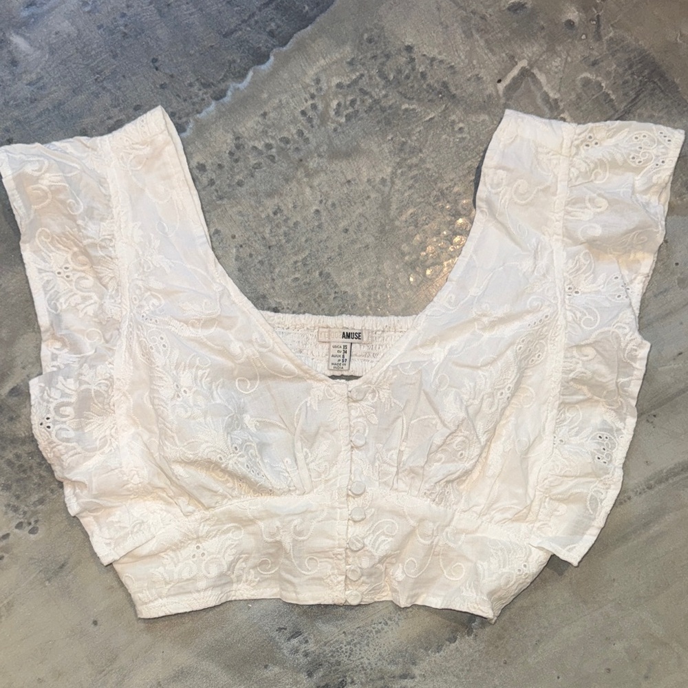 Amuse Society White Eyelet Lace Crop Top Ruffle Sleeve XS